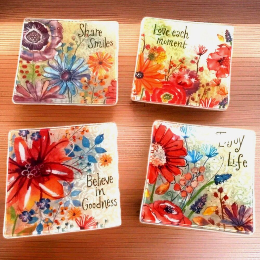 Cracker Barrel Inspirational Floral Glass Plates Set 4 Square Farmhouse Cottage